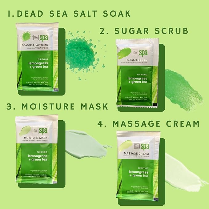 Lemongrass + Green Tea 4-in-1 Manicure & Pedicure Spa Set – Exfoliate, Hydrate & Refresh Skin | Dead Sea Salt Soak, Sugar Scrub, Moisture Mask & Massage Cream | Professional & Home Uses