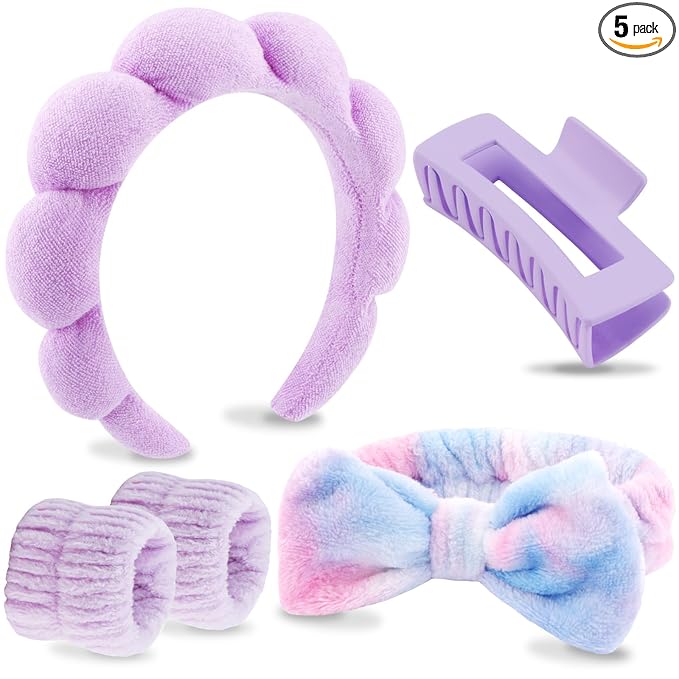 VELSCRUN Spa Headbands for Wash Face, Makeup Headband, Facial Skincare Headbands, 5 Pcs Purple Colourful Puffy Sponge Spa Headband Bow Tie Hair Band Hair Clips Wristband Set Women Girls Accessories