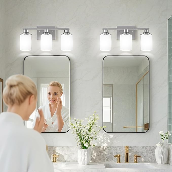 L LOHAS LED Brushed Nickel Bathroom Light Fixtures, 3-Light Vanity Light Over Mirror, Wall Sconces with Milky White Frosted Glass Shades for Bedroom, ETL Listed