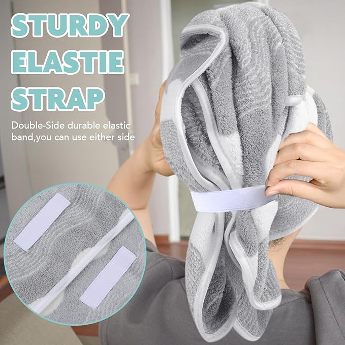 SUNLAND Microfiber Hair Towels Anti Frizz Hair Drying Towel Super Absorbent Fast Drying Turbans for Wet Curly Hair Soft Hair Towel Wrap with Elastic Band for All Hair Types 40 X 20 inches 2Pack