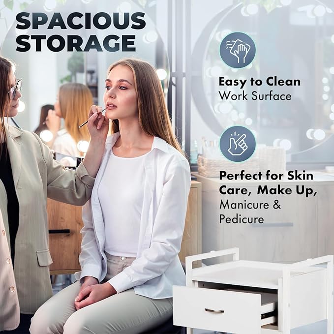 Buy-Rite Jenny Trolley Cart - 3-Tier Rolling Utility Cart for Spas, Estheticians & Salons, White Wood Organizer with Drawer, Open Shelves, Post Holes & Smooth Casters - Model TS-4205