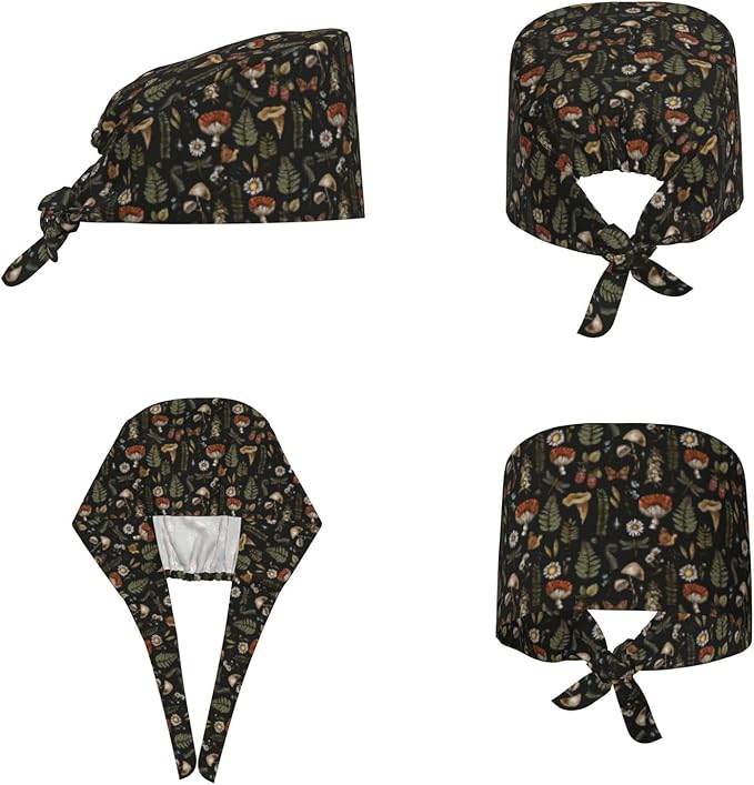 Scrub Cap for Women and Men Boho Black Leaf Pattern Adjustable Breathable Sweatband Hat for Work Kitchen Spa Shower Daily Use