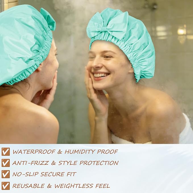 Shower Cap for Women, Cute Bow Waterproof Reusable Bath Cap, Non-Slip Anti Humidity, Roomy Anti-Frizz for Short Medium Wavy Hair, Soft Elastic & Machine Washable, Aqua