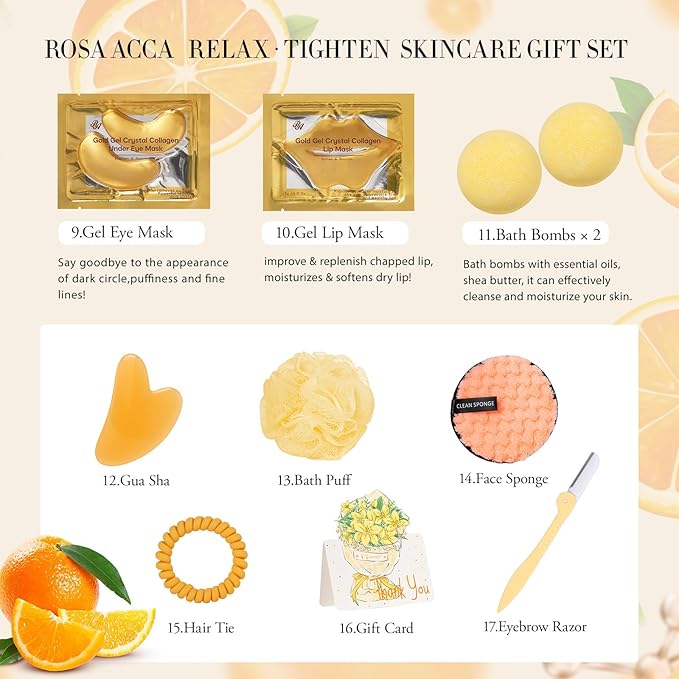 23 Pcs Mother's Day Gifts for Mom, Orange Facial Skin Care Set for Women & Men, Bath and Body Gifts Basket Kit, Home Spa Gift Baskets, Birthday Gifts For Women, Serum, Clay Mask, Christmas,Anniversary