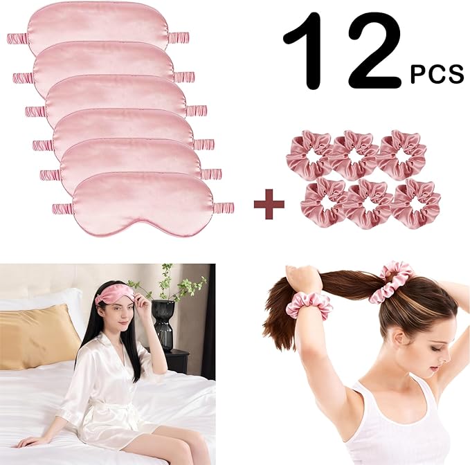 12Pcs Silk Sleep Masks Satin Eye Mask Silky Eyes Cover Blindfold Eyeshade Hair Ties Scrunchy Travel Bridesmaids Gifts