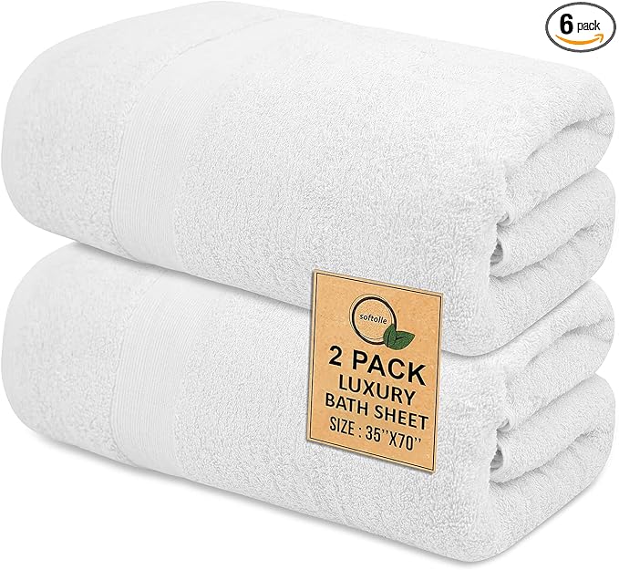 Softolle 100% Cotton Luxury Bath Sheets - Pack of 2 (35" x 70") | Super Soft, Quick-Dry & Highly Absorbent Towels for Bathroom, Home, Spa & Gym (White)