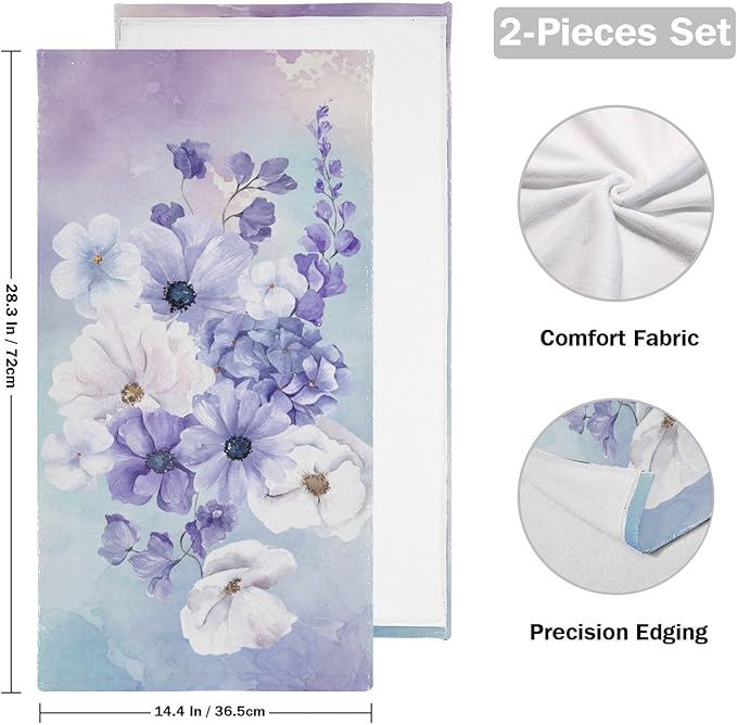 Purple White Violet Floral Hand Towels for Bathroom Set of 2,Watercolor Vintage Flower Bouquet Decorative Bathroom Towels for Bath,Face,Hair,Soft Absorbent Dish Towels for Kitchen 28"x14"