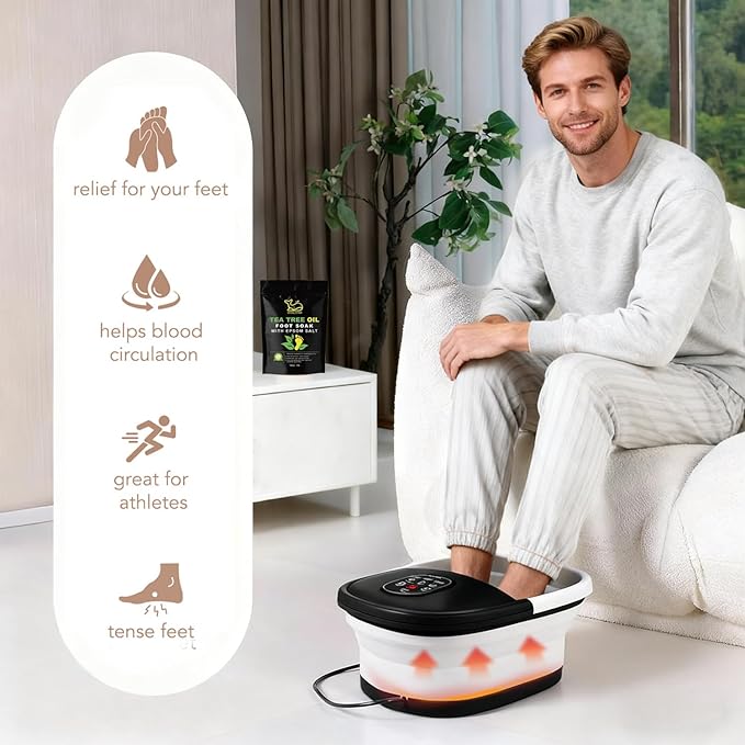 Collapsible Foot Spa Bath Massager with Heat Bubbles and Vibration Massage and Jets, 16oz Tea Tree Oil Foot Soak with Epsom Salt, Foot Bath Basin with Red Light & Remote - Black