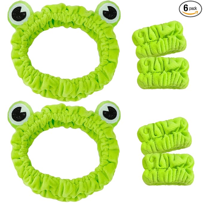 Skincare Headband Frog - 6pcs Set: 2 Green Frog Headbands for Skincare & 4 Wristbands for Washing Face - Non-Slip, Adjustable, Soft Microfiber, Warm Gift for Women, Girls