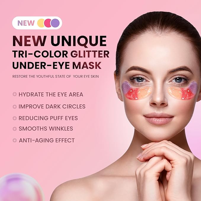 AILEORY Under Eye Patches (24 Pairs) - Tri-color Glitter Eye Gel Pads for Dark Circles, Puffy Eyes, Under eye Bags, Wrinkles | Natural Collagen Under Eye Mask Patches, Mothers Day Gifts for Mom