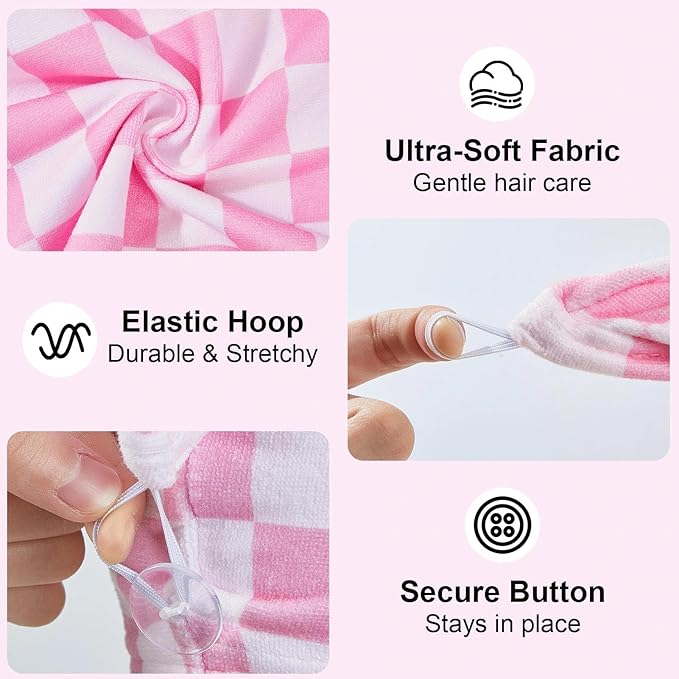 2 Pack Microfiber Hair Towel Wrap for Girls, Quick Dry Hair Turban for Kids, Absorbent Frizz-Free Hair Drying Towel with Button for Long Thick Curly Hair, Pink Brown Checkered