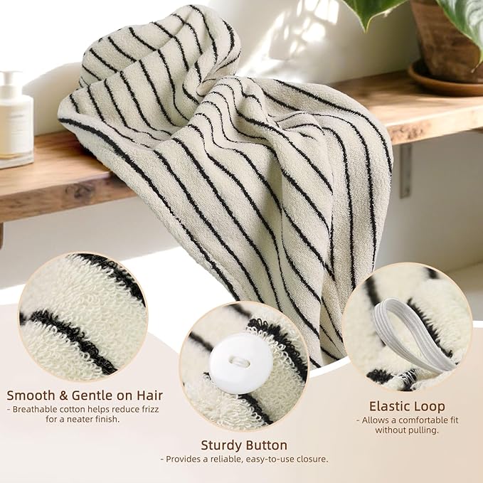 Jacquotha Cotton Hair Towel Wrap for Women (Black & White Striped) – Anti-Frizz Absorbent Quick Drying Hair Turban for Wet Hair, 25” x 9.5”, 1 Pack