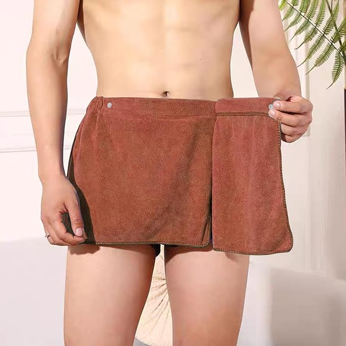 Men Boys Soft Wearable Bath Towel Short Pants Adjustable Mircofiber Towel Blanket Bathroom Pool Beach Spa Bathing Shower Cover Up Wrap Around Towel with Snap Closure (Brown)