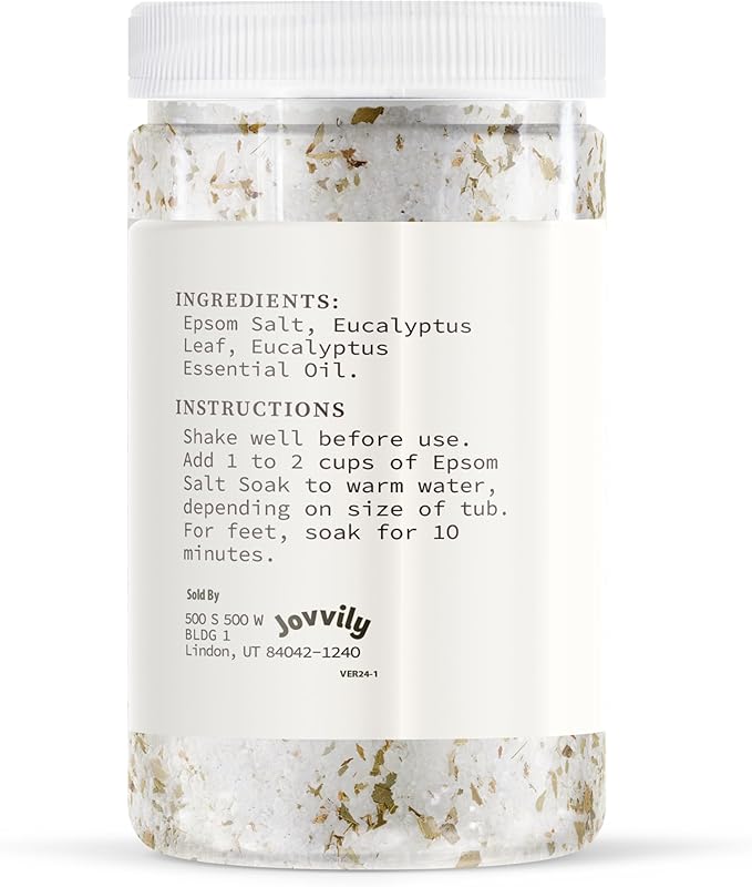 Jovvily Epsom Salt with Eucalyptus Leaf & Eucalyptus Oil, Soaking Solution, Soothing Scent (2 Pounds)