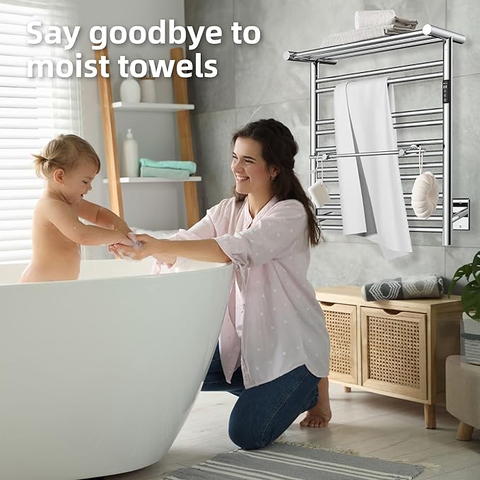 P&Dlusir Heated Towel Warmer with Top Shelf, Heated Towel Rack for Bathroom, H 27.56" x W 23.62", Wall Mounted Towel Warmer Rack, Hard-Wired/Plug-in, Polished