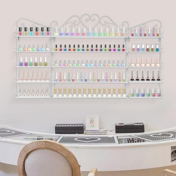 DouSeiAi 5-Tier Wall Mounted Nail Polish Storage Rack, Metal Cosmetic Organizer for Lipstick, Perfume & Essential Oils, Display Shelf for Home, Spa, Nail Salon, White