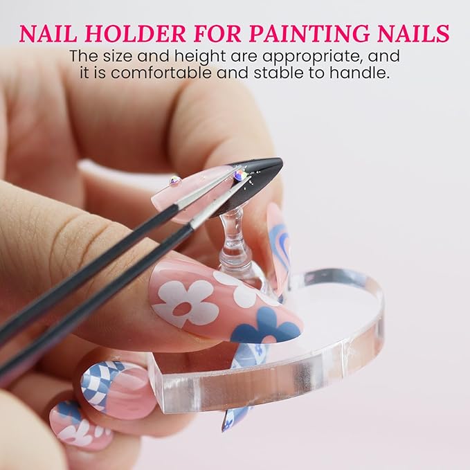 Nail Stand for Press On Art Display Practice 2 Set, 1 Heart Shaped Acrylic Magnetic Nail Stand, Fake Nail Holder with 200 Pieces Double-sided Tape, For Home DIY Salon Supplies (Walnut, Medium)