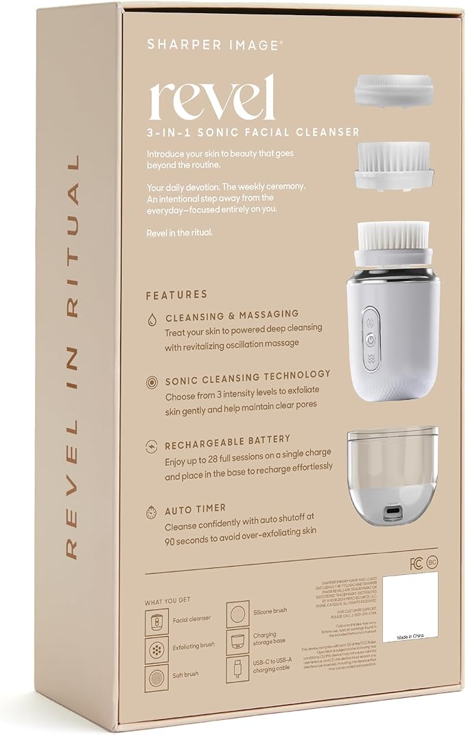 Sharper Image Revel 3-in-1 Sonic Facial Cleanser - 15,000 VPM Glow-Boosting Face Brush, Oscillating & Spin Modes, 3 Brush Heads, 3 Speeds, 90-Second Smart Timer, Wireless Charging, Water-Resistant
