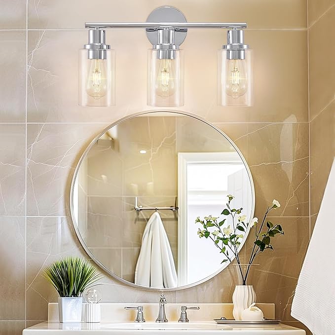 DLLT 3-Light Bathroom Light Fixtures: Chrome Modern Vanity Lights with 3 E26 Bulbs - Clear Glass Shade Bathroom Wall Lamp for Mirror Kitchen Living Room Hallway Cabinet Porch