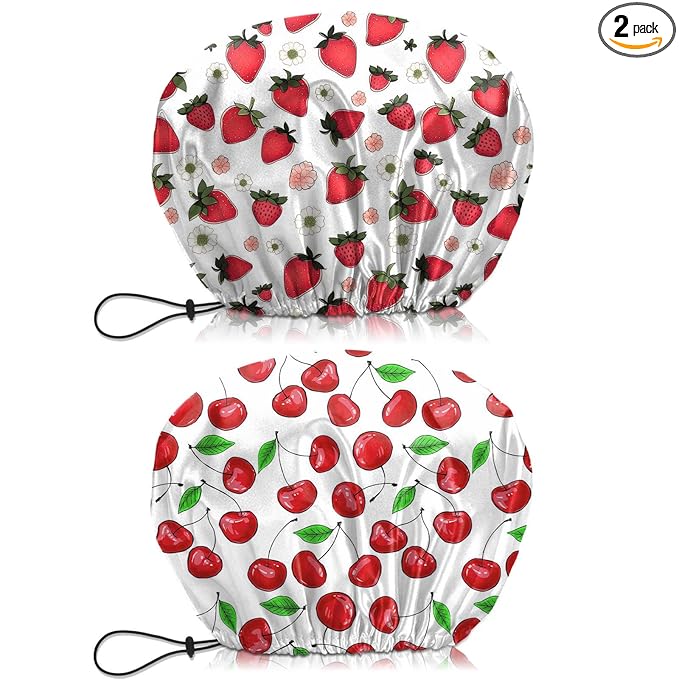 2 PCS Shower Cap Waterproof Double Layer Elastic Adjustable Reusable Hair Bath Caps for Girls Women Cute Aesthetic-Pink