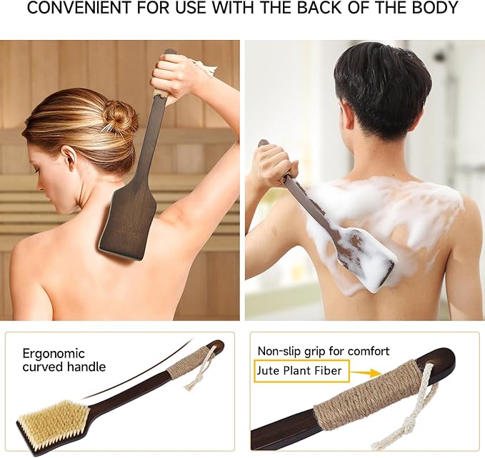 Back Scrubber Shower Brush,Dry Brushing Body Brush with 17.7 Inch Curved Long Handle, Natural Bristles for Lymphatic Drainage, Soft & Stiff Bristles Available (Natural Fiber, Stiff)