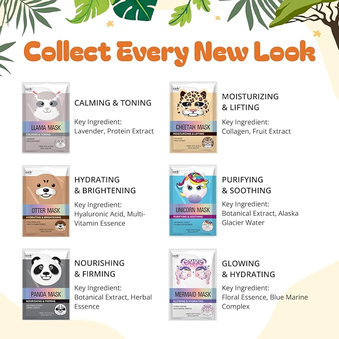 Epielle Character Face Mask Mystical Safari 6 Pack, Fun & Effective Korean Skin Care, Spa Party Favors, Mothers Day Gifts, Birthday Gifts for Women, Self Care Gifts