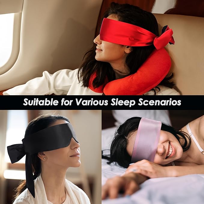 FRESHME 2pc Satin Sleep Mask - Lightweight Blindfold Eye Mask Cover for Women Men Couples Night Gift, Valentine's Day Gift Double Sides Dark Purple & Black+Red & Black 2pc Set