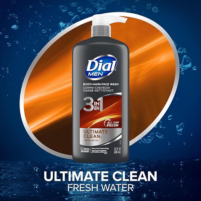 Dial Men 3 in 1 Body, Hair and Face Wash, Refresh, 16 Fl Oz, Pack of 3, Cleanses Deep + Gentle on Skin with Clean Rinse Technology