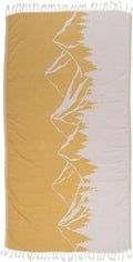 InfuseZen Turkish Towel with Mountain Landscape – 100% Organic Turkish Cotton - Sand Free Quick Dry Beach Peshtemal – Thin Reversible Absorbent Pool Hammam – Plus Size Gym, Travel Fouta (Mustard)