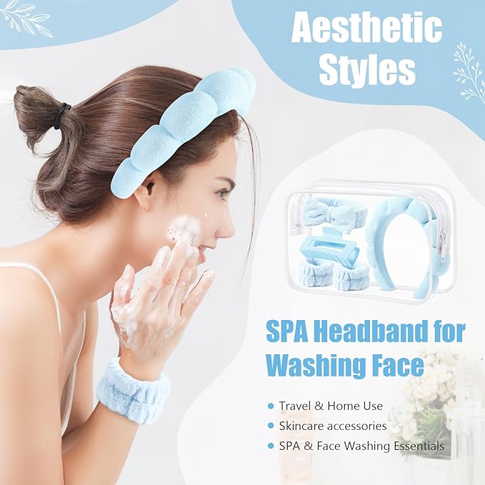 SPA Headbands and Wristband Set for Face Washing with Clear Bag Cute Skincare Makeup Headband Wrist Bands Hair Clips for Women Teenage Girls Gifts Trendy Stuff Blue