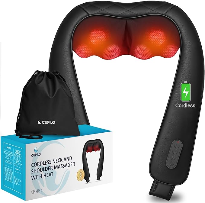 CuPiLo Cordless Neck Massager for Pain Relief Deep Tissue, FSA Eligible HSA Store Upgrade Shoulder Massager with Heat, Skin-Friendly Fabric & Extended Straps for Larger Body Types, Mothers Day Gifts