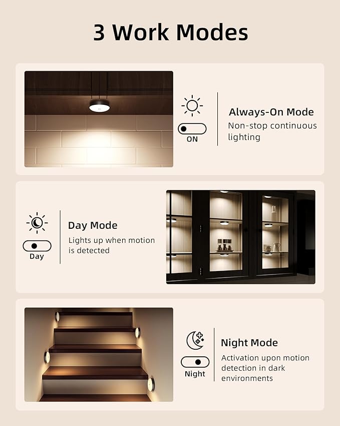 EZVALO Under Cabinet Lighting, 1000mAh Rechargeable Puck Lights with Remote, 3 Color Temps & 12 RGB Motion Sensor Closet Lights Indoor, Dimmable Under Counter Lights for Kitchen (Black, 6 Packs)