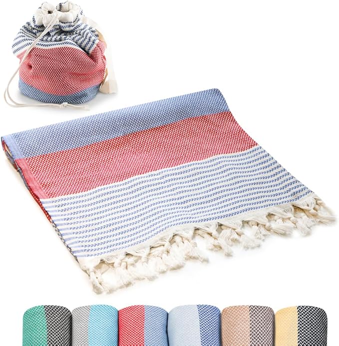 ATANI Turkish Beach Towel (71x39 Inches), Converts to a Bag, Oversized 100% Cotton Bath Towels Lightweight Quick-Dry Beach Blanket for Travel, Picnic, Camping, Yoga and Pool (Red x Navy Blue)