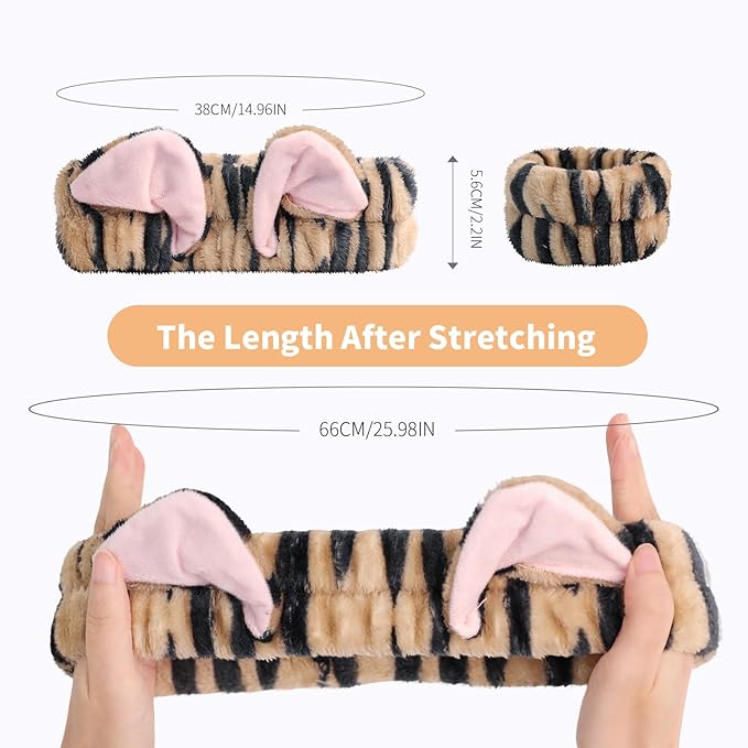 PERFECTSIGHT 2 Pack Cute Animal Headbands for Makeup Wash Shower Adjustable Elastic Hair Band for Girls and Women (Black Cat Ear)