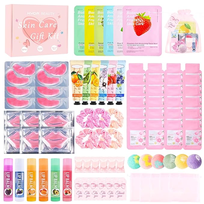 KYDA 84PCS SPA Party Supplies for Women, Face Mask, Hand Cream, Lip Balm, Under Eye Patches, Lips Mask, Skincare Set, Foot Bath Bomb and Hair Band, Spa Birthday Sleepover Party Supplies Slumber Party