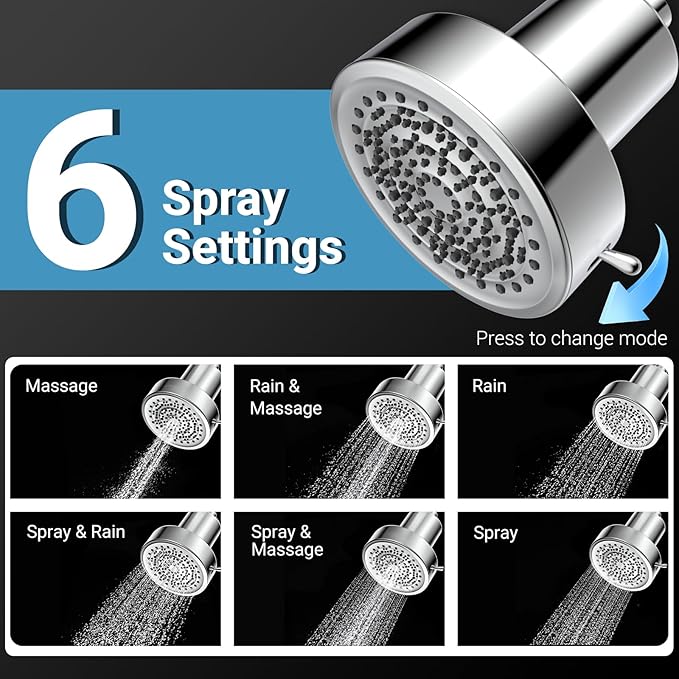 Filtered Shower head for Healthier Hair & Skin – Removes Chlorine & Heavy Metals,High Pressure 6 Mode Settings Shower Head Filter for Hard Water (Chrome)