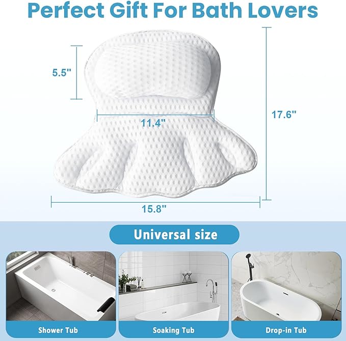 Luxury Bathtub Pillow, 4D Air Mesh Soft Bath Pillow for Tub, Non-Slip Suction Cups Bath Cushion, Ergonomic Head Neck Back Support Bath Pillow, Comfortable Spa Bath Accessories Gift for Women