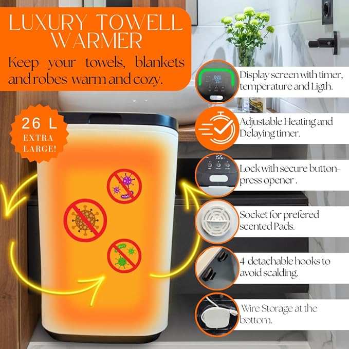Di’Aroma Luxury Towel Warmer Bucket for Bathroom – Extra Large 26L Heated Towel Warmer for Towels, Robes & Blankets, Hot Towel Warmer with Fast Heating, Includes Aroma Tablets, Housewarming Gift