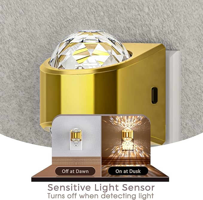 Briignite Night Light, Gold Night Lights Plug into Wall 2 Pack, LED Projector Night Light, Soft White for Bedroom, Dimmable Brightness Dusk to Dawn Nightlight for Bathroom, Gaming Room, Home Decor