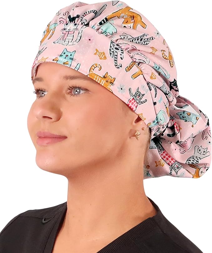 Sparkling EARTH Banded Bouffant Surgical Scrub Ponytail Working Caps and Built-in Sweatband - 100% Cotton - Made in The USA