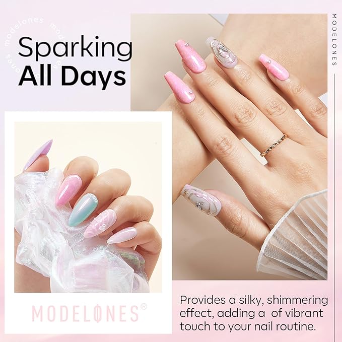 modelones Pearl Gel Nail Polish Top Coat, 2-in-one Clear Pearlescent Glitter Glossy Sparkle Finish Long Lasting Soak Off Mermaid Shimmer Manicure Nail Art Home Salon DIY