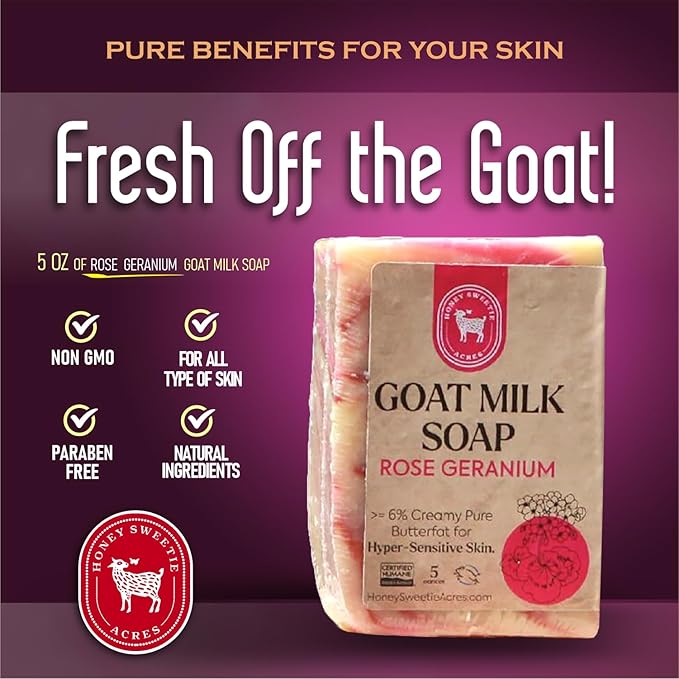 Honey Sweetie Acres Rose Geranium Goat Milk Soap - Handmade 5 oz Bar, Made with Natural Ingredients, Moisturizing & Gentle, Made in the USA