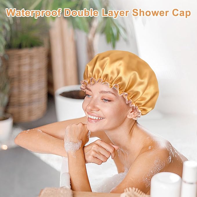 Waterproof Shower Caps for Women, Solid Color Dual-Layer Elastic Band Design Bath Hair Hat, Protects Hair In Shower, Spa, Cooking, Clean & Travel (Champagne)