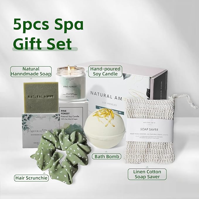 Natural Amor Green Spa Gift Set for Women, Peppermint Forest Bath Gift for her,5pc Bath & Body Gift Including Soap Bar, Candle, Bath Bomb