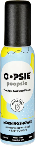 Oopsie Poopsie Toilet Spray, Travel Essentials, Each Up to 300 Uses, On-The-Go Bathroom Odor Deodorizer with Essential Oils, TSA Approved Size, Morning Shower 1 Pack, 2 Fl Oz