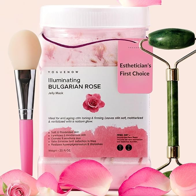 Jelly Face Mask for Facials - Bulgarian Rose Hydrating, Brightening & Nourishing Jelly Mask with Free Jade Roller & Spatula | Professional Hydrojelly Masks |Vajacial | 23 Oz | Mothers Day Gift for Mom