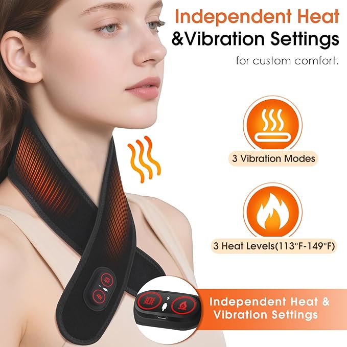 Cordless Neck Massager with Heat, Red Light Therapy for Neck, Neck Heating Pad for Pain, Heated Neck Wrap, 660nm 850nm, FSA Eligible HSA, Heated Neck Massager, 3000mAh Battery, Black