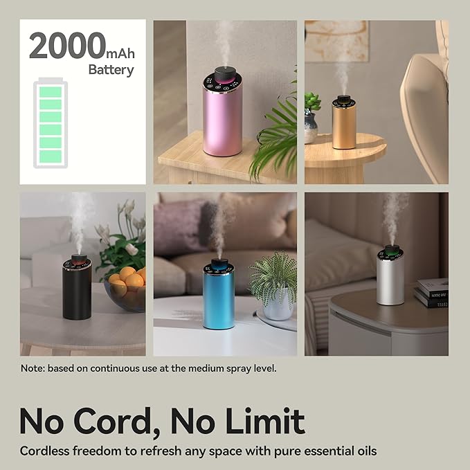 Waterless Essential Oil Diffuser Scent Aromatherapy Diffusers for Home, Car, Aluminum Alloy Battery Operated Cordless Air Freshener, 4 Timers & 3 Mist Levels, 5/10/20ml Capacity (Gold)