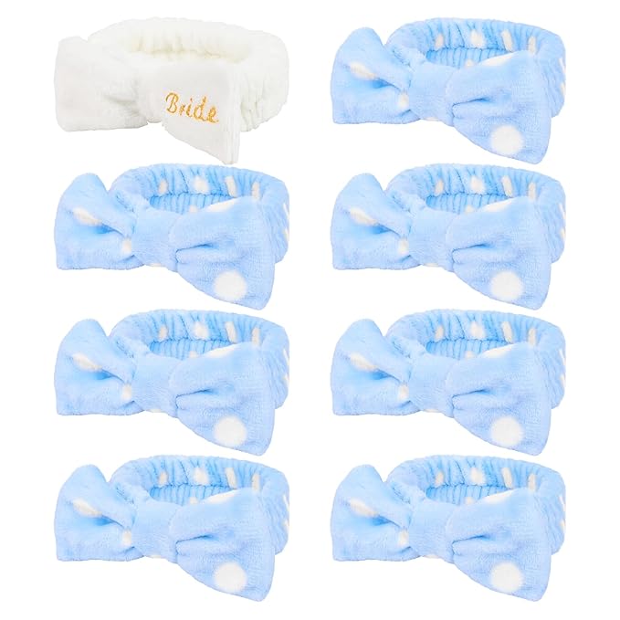 Semato Bachelorette Party Favor Set Bride & Bridesmaid Spa Headband for Women Gifts Party Supplies (1 bride+ 7 blue dot)