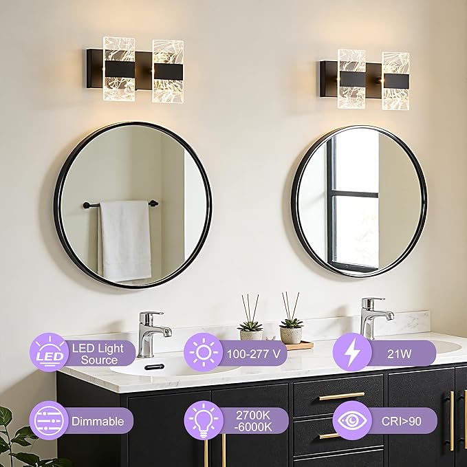 Modern LED Bathroom Light Fixtures Dimmable 2-Light Black Vanity Light, 5CCT Adjustable Lighting Fixture Vanity Lights Over Mirror, Smoked Acrylic LED Vanity Lights for Bathroom